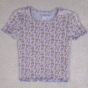 American Eagle Shirt Girls XXS Purple Floral Short‎ Sleeve Ruffled Trim